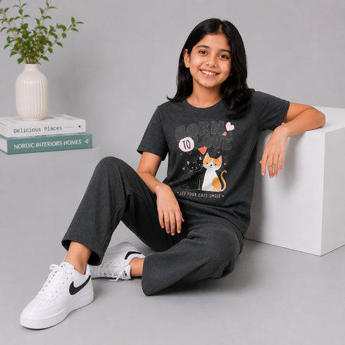 Kitten Smile Tee & Wide-Leg Pants Set