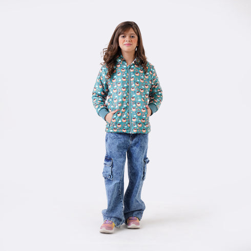 GREEN PRINTED PUFFER JACKET