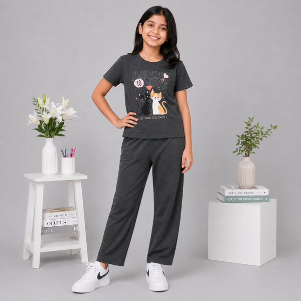 Kitten Smile Tee & Wide-Leg Pants Set