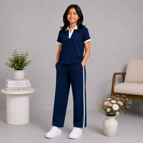 Navy Polo & Wide-Leg Track Set