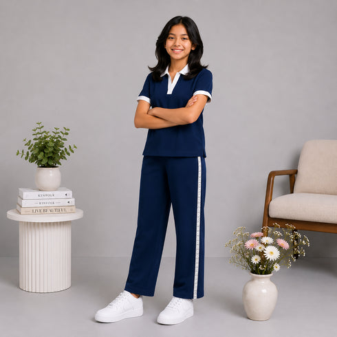 Navy Polo & Wide-Leg Track Set