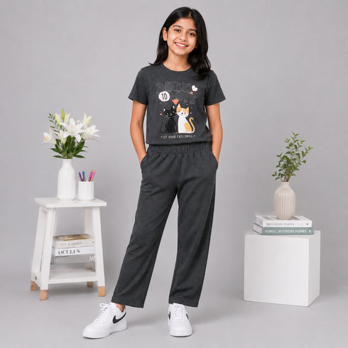 Kitten Smile Tee & Wide-Leg Pants Set