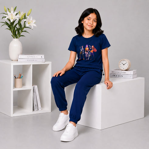 Navy KPOP Graphic Tee & Jogger Set
