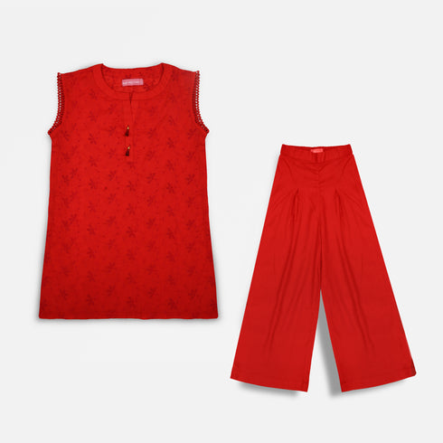 GIRLS EMBROIDERED 2 PCS SET - Red