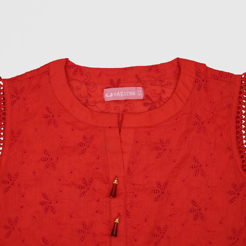 GIRLS EMBROIDERED 2 PCS SET - Red