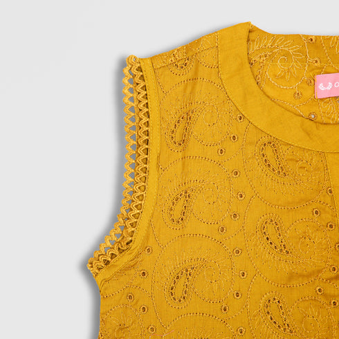 GIRLS EMBROIDERED 2 PCS SET - Mustard