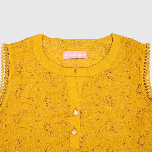 GIRLS EMBROIDERED 2 PCS SET - Mustard