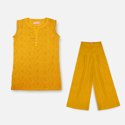 GIRLS EMBROIDERED 2 PCS SET - Mustard