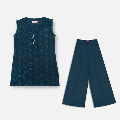 GIRLS EMBROIDERED 2 PCS SET - Teal