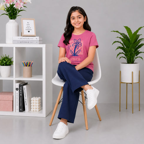 Flower Graphic Tee & Wide-Leg Pants Set