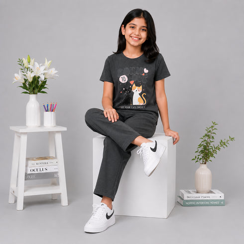 Kitten Smile Tee & Wide-Leg Pants Set