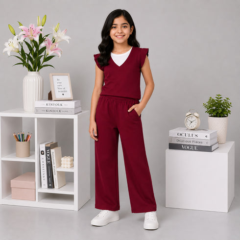 Maroon Flutter-Sleeve Wide-Leg Set