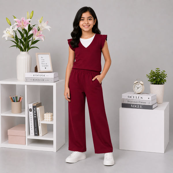 Maroon Flutter-Sleeve Wide-Leg Set