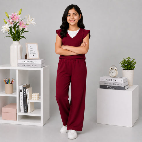 Maroon Flutter-Sleeve Wide-Leg Set