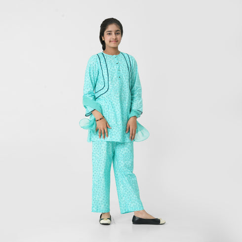Sea Green Printed 2pc Eastern Set