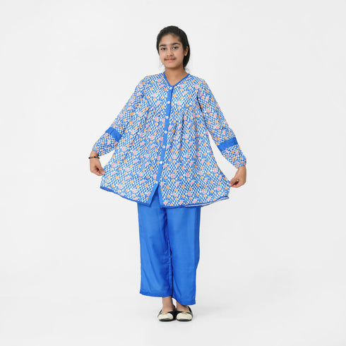 Blue Printed Buttoned 2pc Eastern Set