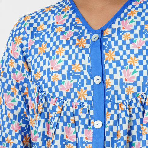 Blue Printed Buttoned 2pc Eastern Set