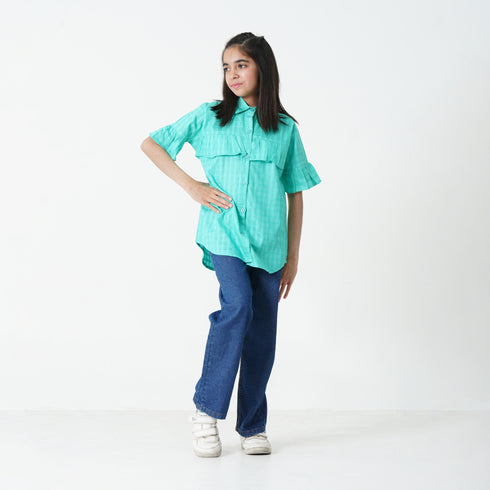Green Button Down Frilled Top