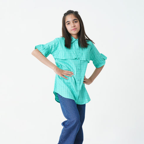 Green Button Down Frilled Top