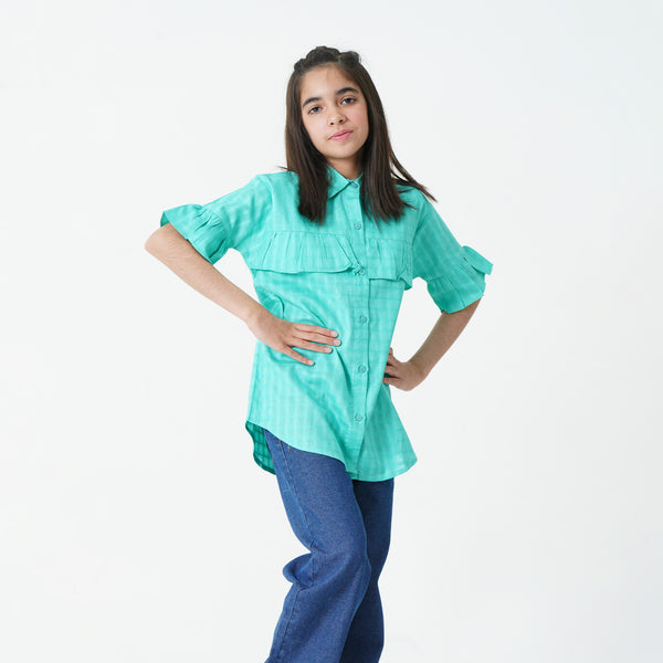 Green Button Down Frilled Top