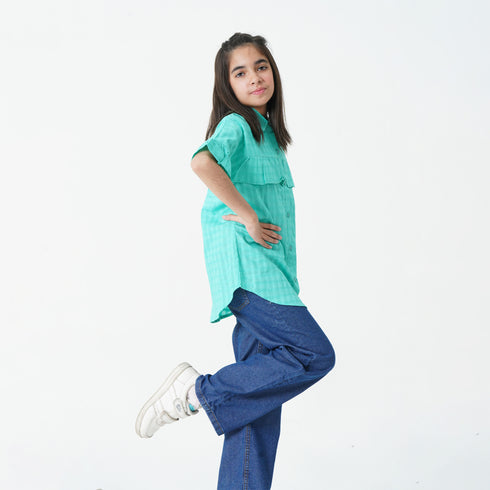 Green Button Down Frilled Top