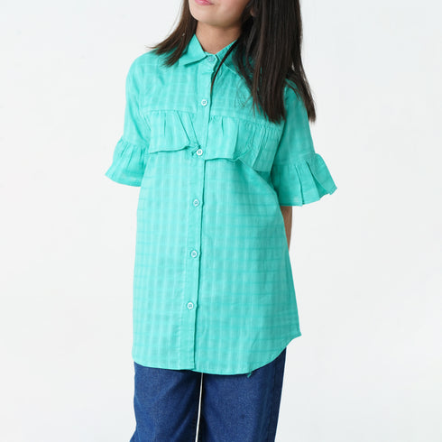 Green Button Down Frilled Top