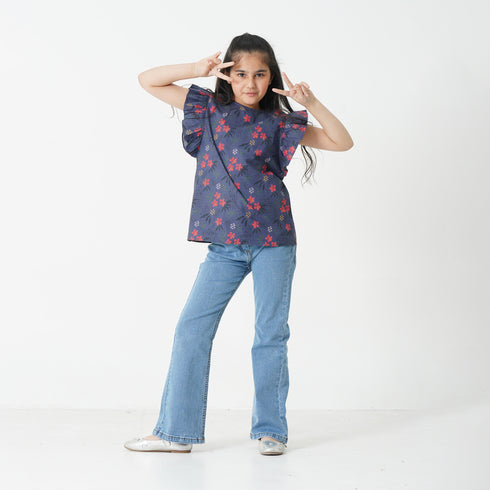 FRILLED SLEEVES PRINTED TOP