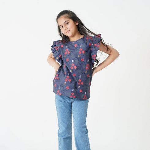 FRILLED SLEEVES PRINTED TOP