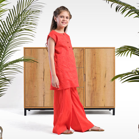 GIRLS EMBROIDERED 2 PCS SET - Red