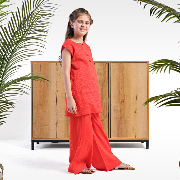 GIRLS EMBROIDERED 2 PCS SET - Red