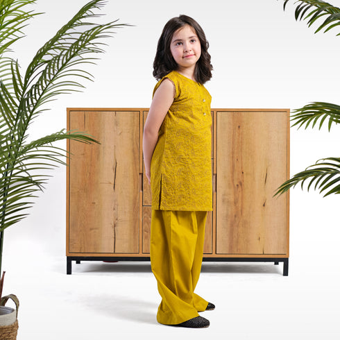 GIRLS EMBROIDERED 2 PCS SET - Mustard
