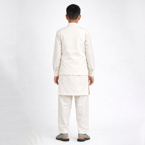 Boys off white kameez shalwar with waistcoat for Eid Pakistan