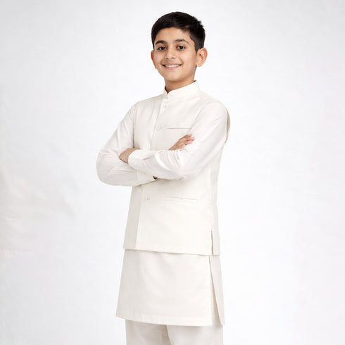 Traditional boys off white shalwar kameez outfit with waist coat