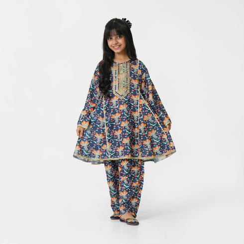 Girls blue lace printed eastern wear Pakistan
