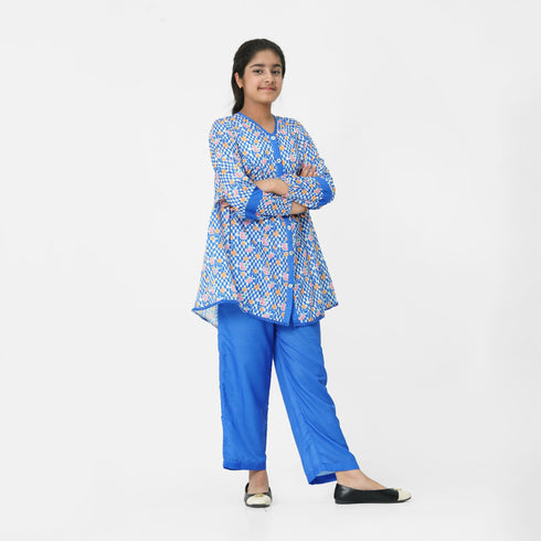 Girls blue buttoned printed eastern wear Pakistan
