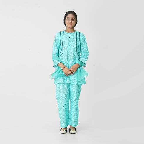 Sea Green Printed 2pc Eastern Set for girls by The Oaklynn