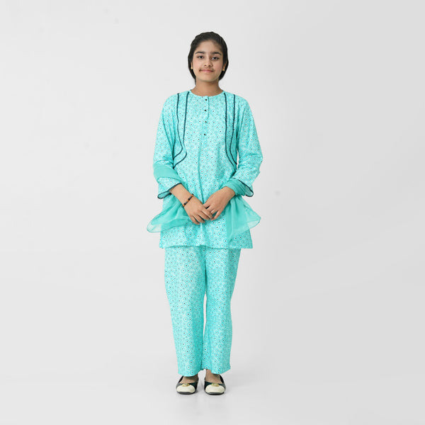 Sea Green Printed 2pc Eastern Set for girls by The Oaklynn