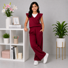 Maroon Flutter-Sleeve Wide-Leg Set